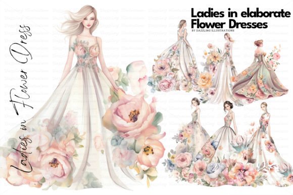 Floral Elegance in Design: Ladies in Flower Dresses Clipart